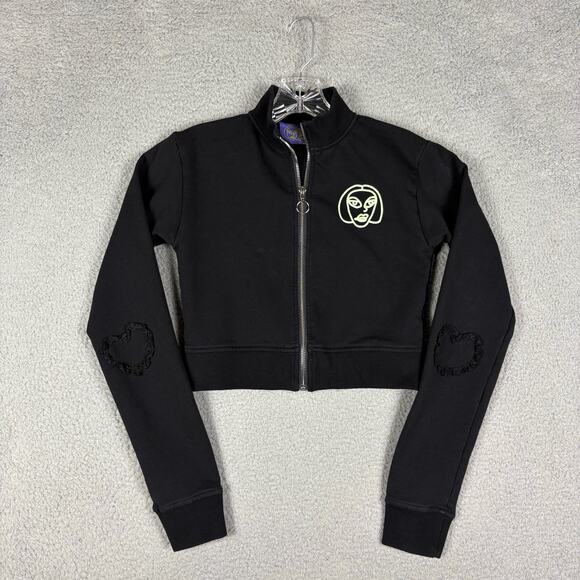 I’m Sorry By Petra Collins Jacket Women’s Medium Black Cropped Elbow Hearts - Picture 2 of 12